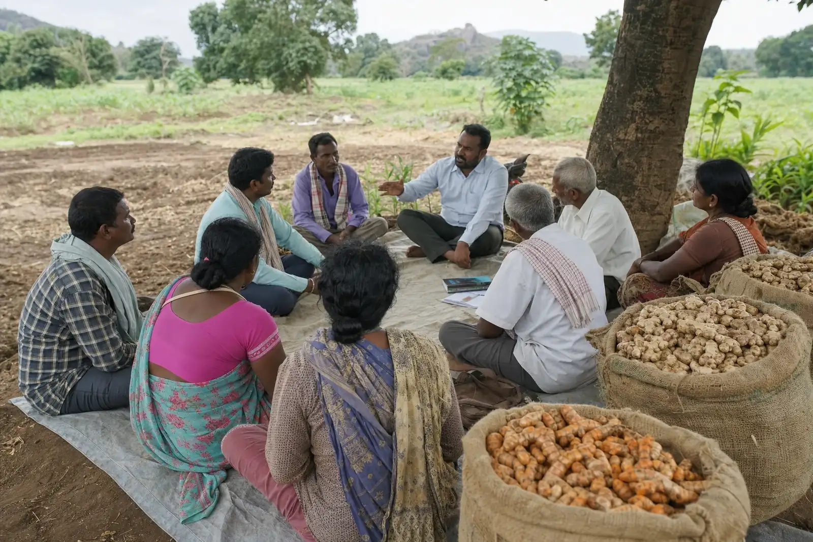 Smallholder farmers at a farmer producer organisation meeting in the shade of a tree, with sacks of ginger and turmeric