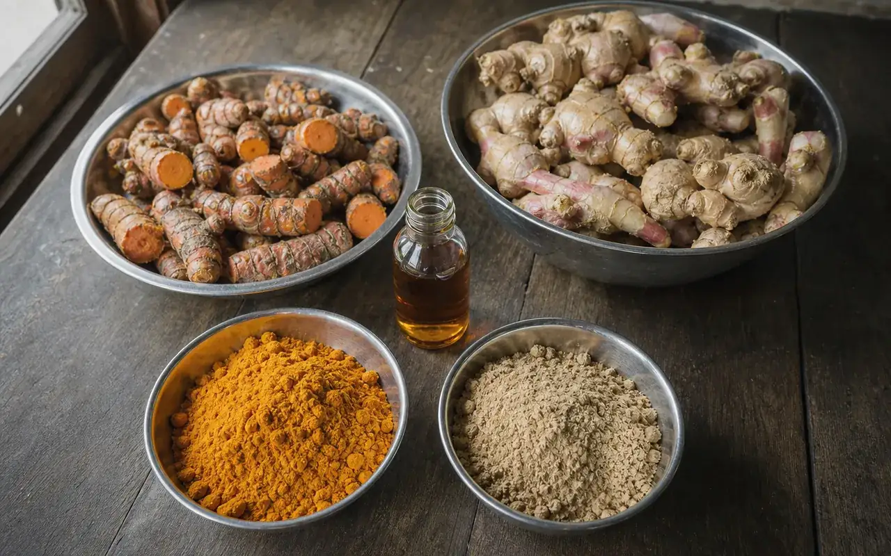 Fresh turmeric, fresh ginger, turmeric powder and ginger powder in steel bowls with a small bottle of oleoresin