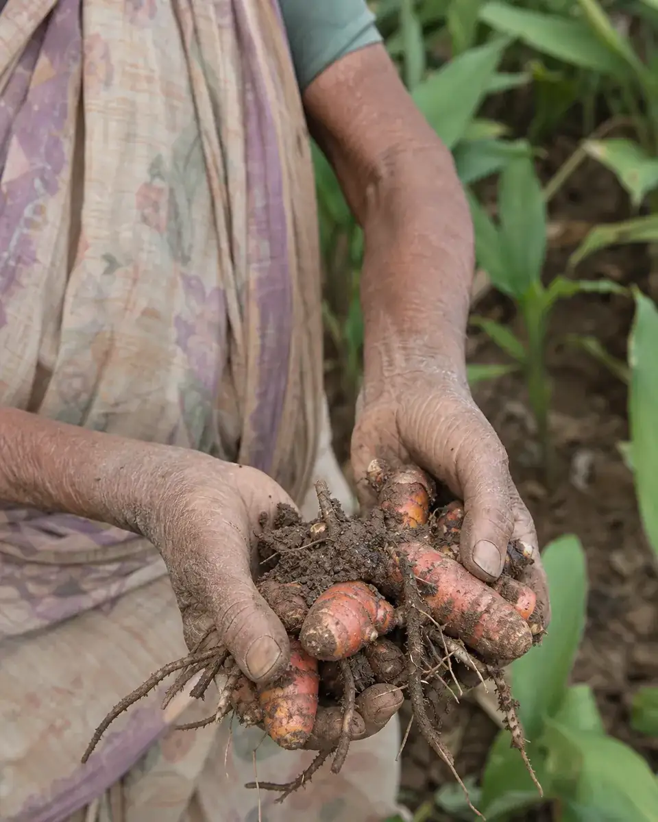 An elderly woman farmer’s hands holding freshly dug turmeric with soil and roots