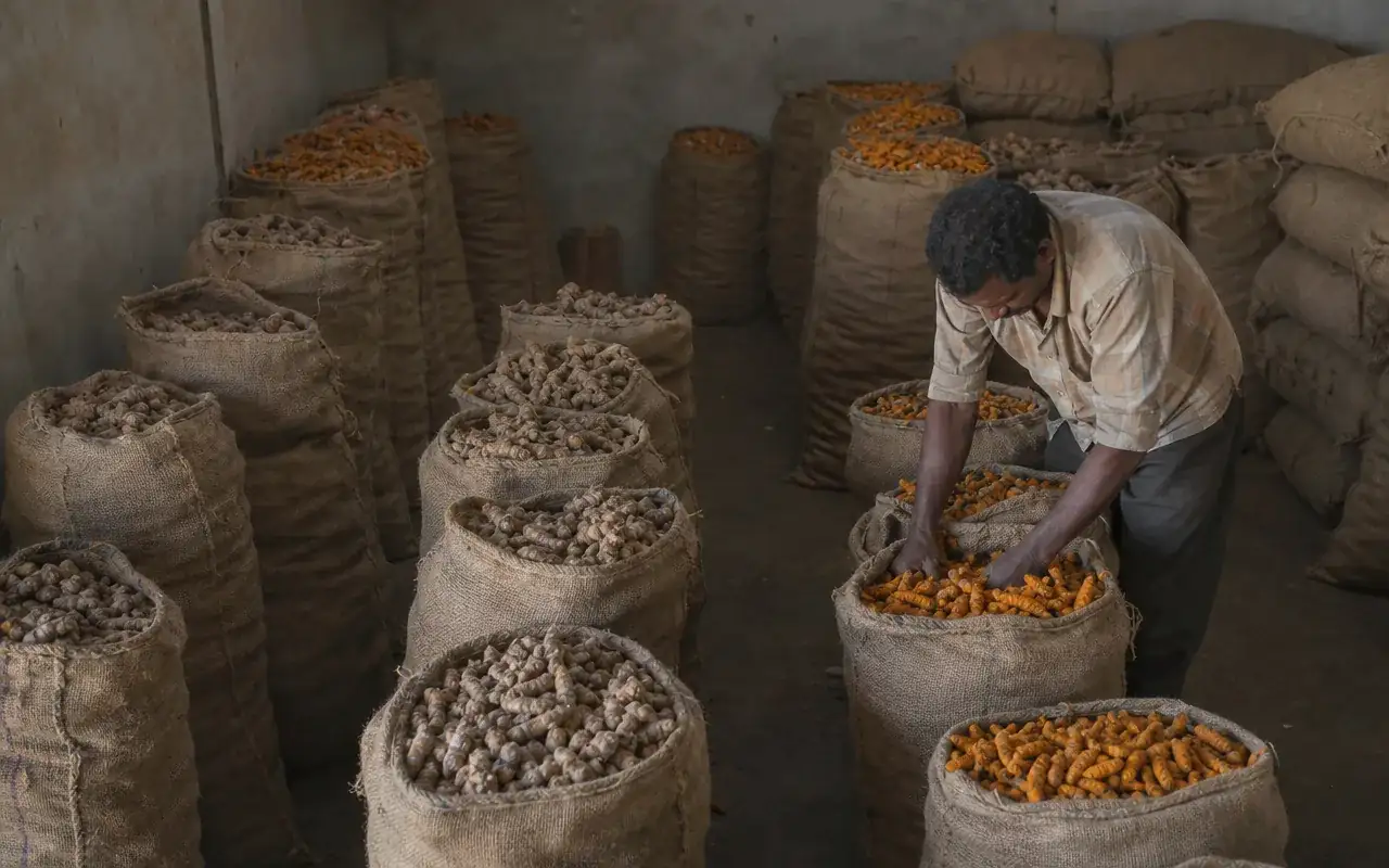 Jute sacks of dried turmeric and dried ginger in a warehouse
