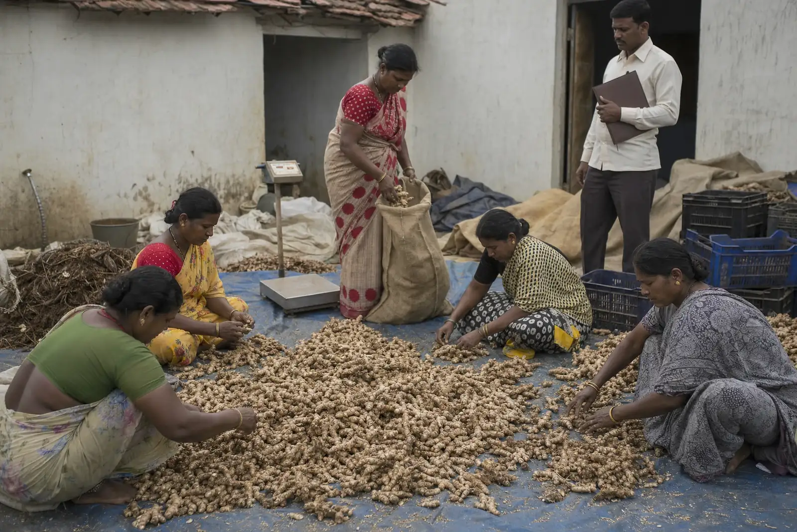Women members of a farmer producer organisation grading dried ginger in a courtyard while a field officer looks on
