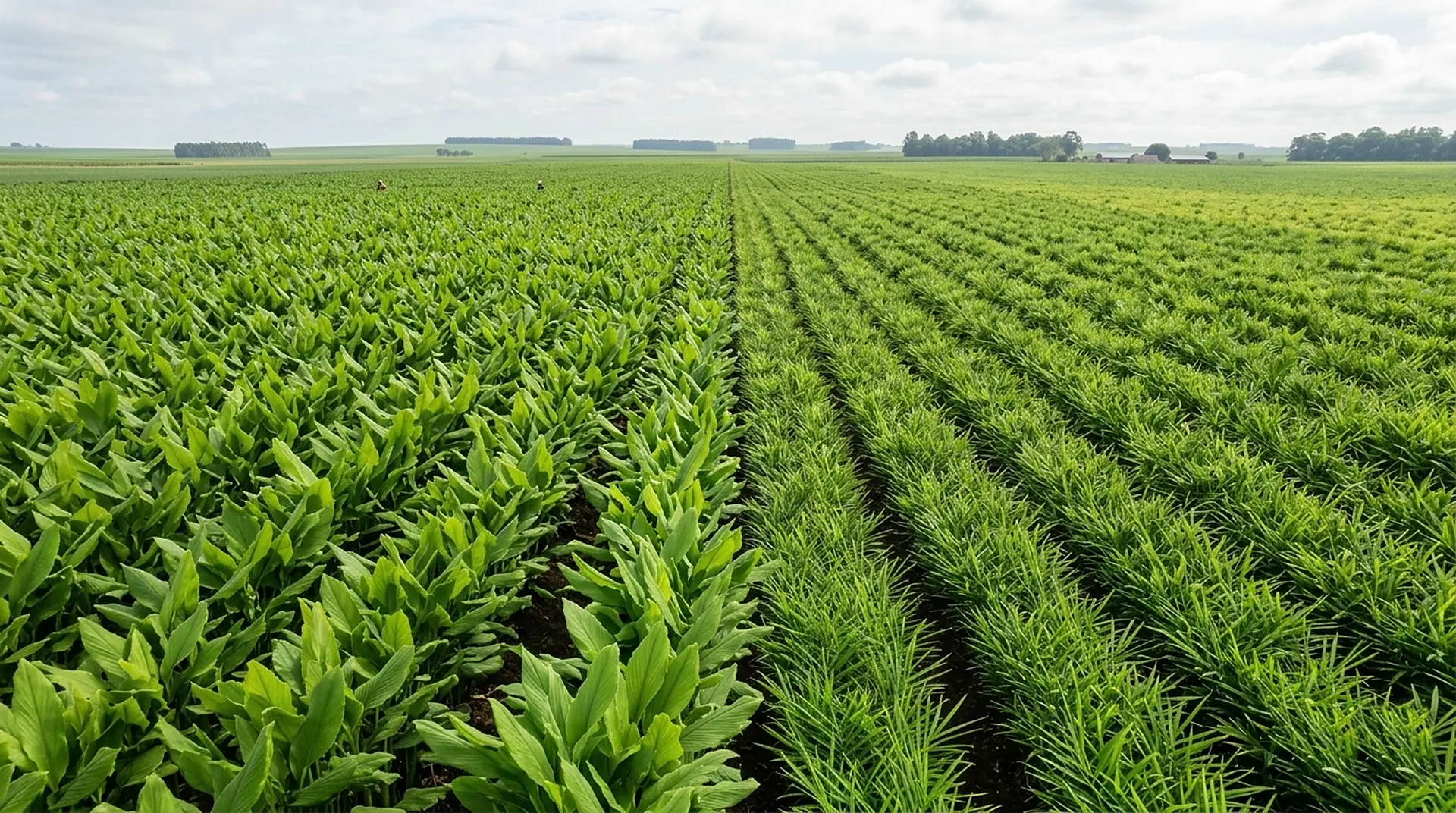 Long rows of turmeric growing in a farmer partner field