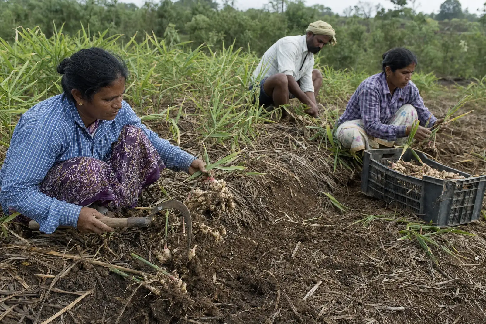 Farmers harvesting ginger by hand from raised beds, a crate of ginger beside them