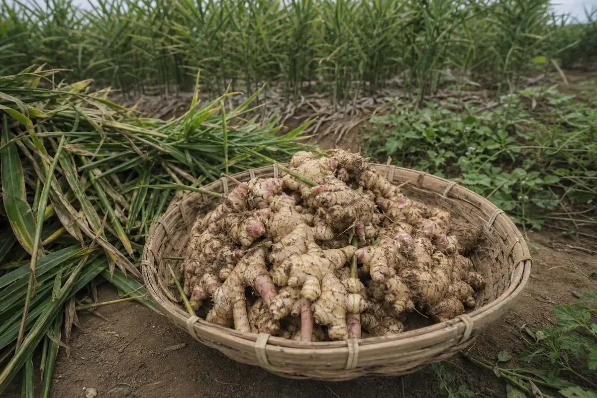 Freshly dug ginger in a woven basket at the edge of a ginger field