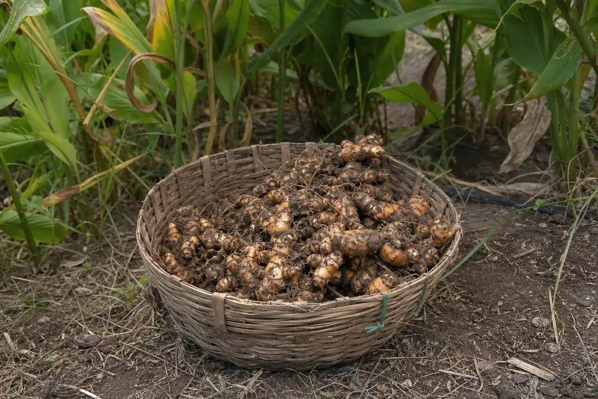 Freshly dug turmeric in a woven basket at the edge of a turmeric field