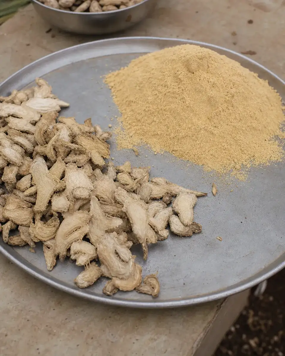 Dried ginger slices and ginger powder on a steel tray