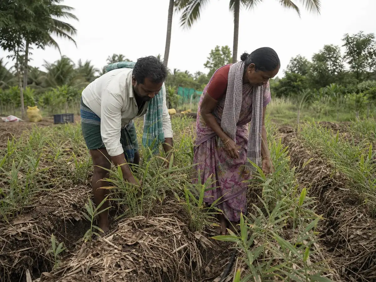 Two farmers inspecting ginger plants between raised, mulched beds