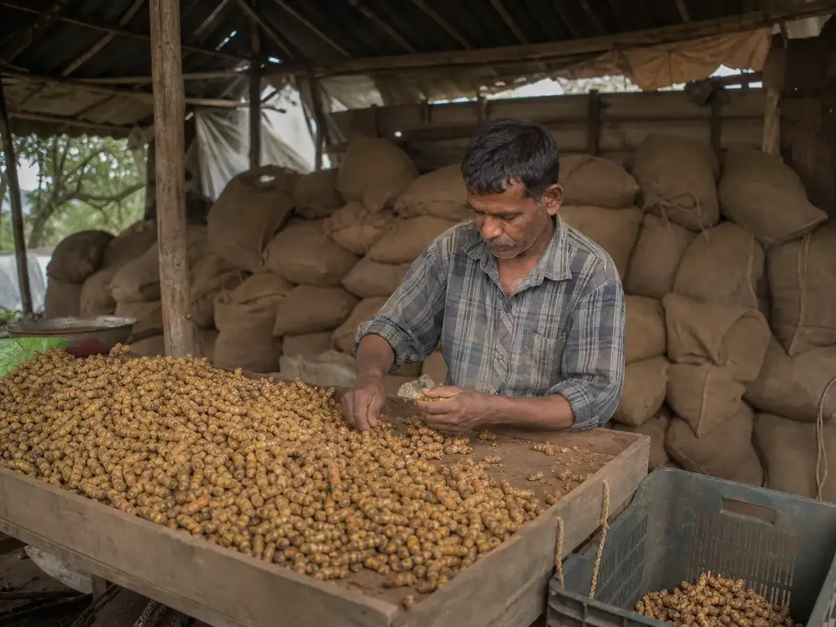 A worker sorting dried, polished turmeric fingers at a wooden table