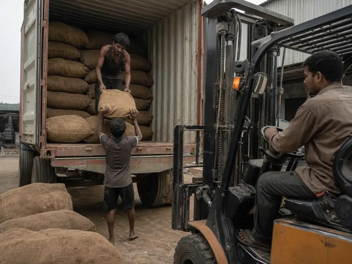 Jute sacks being loaded into a shipping container at a warehouse dock